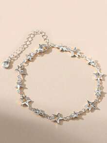 不锈钢金属空心星形链手链男女款金色银色五角星形吊坠手链珠宝礼物 - 銀色 - 查看 8