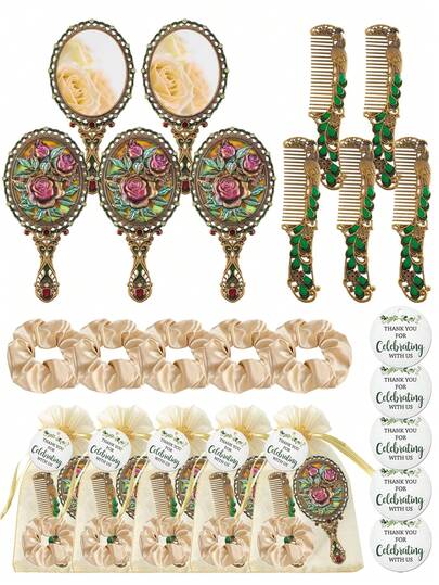 5/25 Peças Conjunto de Pente de Cristal de Rosa Vintage, Espelho, Scrunchie, Inclui Cartão de Agradecimento e Bolsa com Cordão, Acessórios de Casamento Adequados para Madrinhas e Damas, Chá de Panela, Despedida de Solteira, Aniversário, Escola, Natal, Ano Novo, Presentes, Escova de Cabelo, Escova para Alisar, Escova para Modelar, Escova para Cabelos Cacheados, Escova para Acabamento, Pente de Cabelo, Escova de Cabelo, Conjunto de Escovas de Cabelo, Pente de Cabelo, Pente para Cachos, Escova Desembaraçante, Escova de Cabelo para Mulheres, Cabelo, Viagem, Produtos para Cabelo, Ferramentas para Cabelo, Acessórios para Cabelo, Barbeiro, Acessórios de Barbeiro, Barbearia, Equipamentos de Cabeleireiro