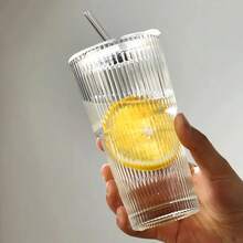 Two 20oz Glass Beverage Cups, Glass Cups With Straws And LIDS, Covered Iced Coffee Cups, Beverage Glass Cups, Office, Home And Striped Glass Cups, Glass Coffee Cups, Iced Coffee Cups, Beverage Cups - 2 bộ - Xem 5