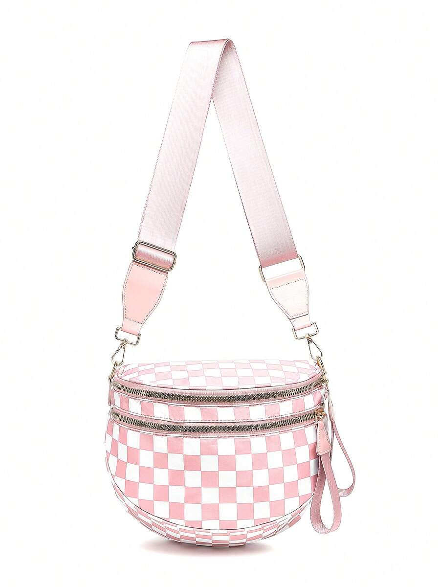Classic Checkered Design Crossbody Bag–Matches Diverse Styles For Outings, Commutes & Leisure Time  Ample Space For Daily Errands, Casual Outings & Travel Adventures - Kẻ sọc hồng và trắng - Xem 1