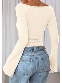 Womens Long Sleeve Shirts 2026 Spring Crop Going Out Tops Casual Boat Neck Sleeve Ribbed Ruched Y2K Clothes - 軍綠色 - 查看 7