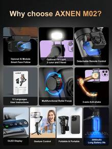 3-Axis Handheld Gimbal Stabilizer For Smartphones, Equipped With AI Module, Fill Light, Face Tracking, Detachable Magnetic Remote Control And Focus Control - Ideal For Photography, Video Recording, Vlogging And Live Streaming - Black - View 2
