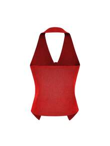 Knit Mix Women's Sleeveless Halter Knit Top Sexy V-Neck Slim Fit Casual Beach Vacation Spring Summer Valentine's Day - Red - View 7