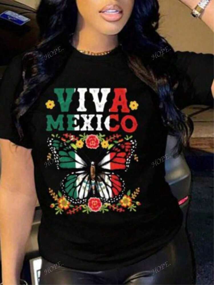 Camiseta oversize para mujer con letras VIVA MÉXICO, estampados de mariposas y flores en un ajuste holgado y suave, 100% algodón, perfecta para el verano. - Negro(Negro) - Añade 2