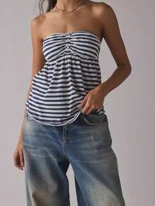 Women Y2k Tube Top Button Sleeveless Backless Strapless Bandeau Cute Aesthetic Summer Going Out Club Party Tank Tops - 藏蓝色 - 查看 2