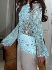 Áo khoác dáng rộng tay dài kiểu cánh dơi bằng vải lưới xuyên thấu đính sequin móc len Yuwenier gợi cảm, thích hợp cho các bữa tiệc lễ hội mùa xuân. - Màu xanh nhạt - Xem 4