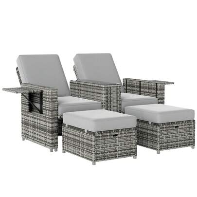  Outsunny 5PC PE Rattan Sun Lounger, Outdoor Wicker 5-Level Adjustable Recliner Sofa Bed With Storage Side Table And Footstools, For Patio, Garden, Poolside, Grey