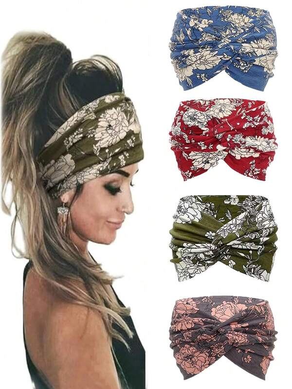 4 piezas/1 pieza Diadema con estampado de rosas y estampado de paisley, diadema colorida para mujer, bandana deportiva, diadema de yoga, accesorios para el cabello, pañuelo estilo bohemio para mujer, diadema para el cabello de otoño