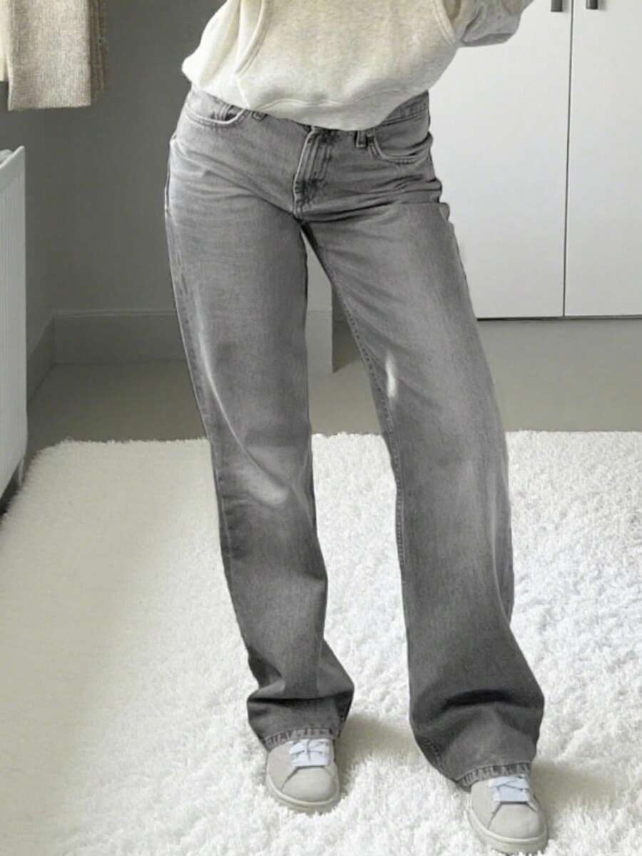 MYOURSA 女士低腰直筒水洗牛仔裤，宽松版型，休闲通勤日常穿着，灰色 - 淺灰色 - 查看 1