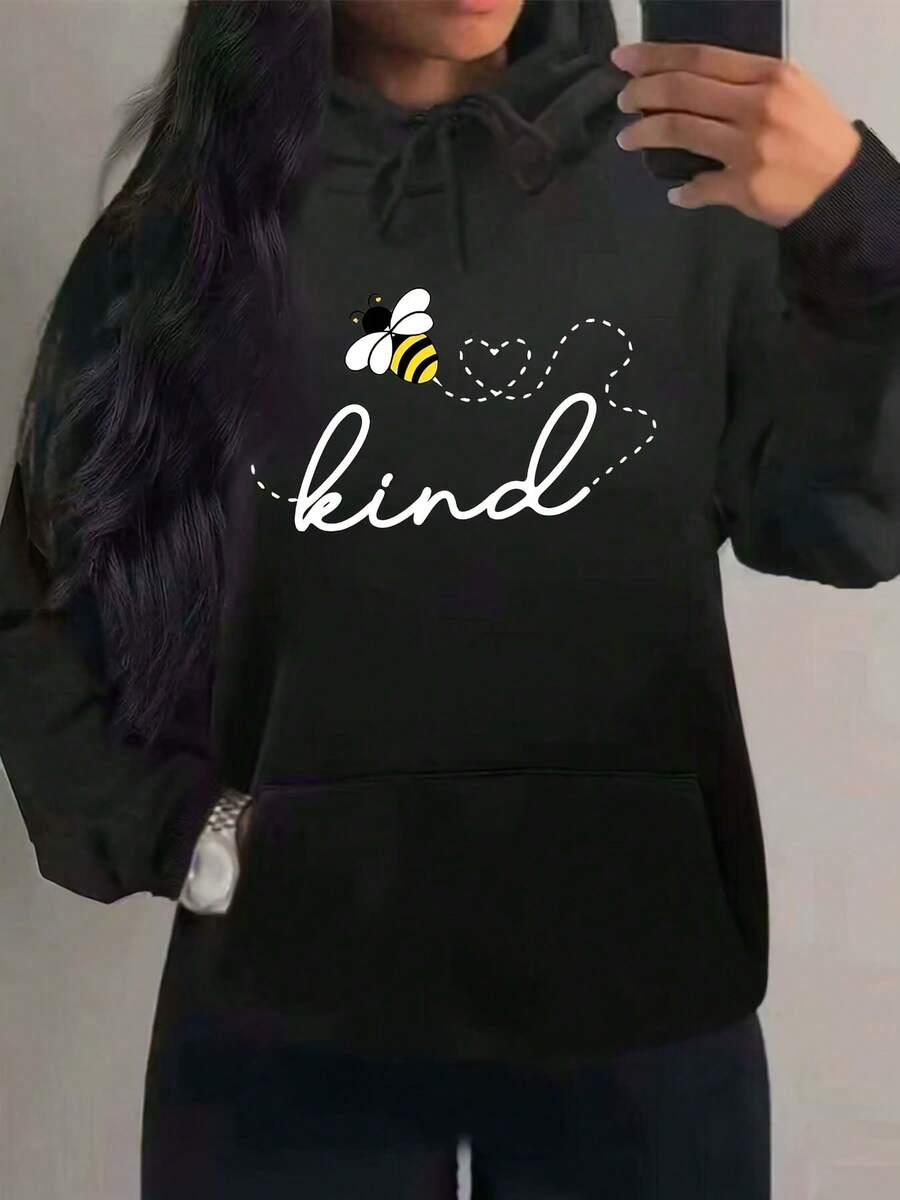 Women's Bee & Be Kind Graphic Print Hoodie - Black Casual Sweatshirt , Long Sleeve Hoodie For  Fall & Winter, Bee Hoodie, Seasonal Versatile Hoodie, Motivational Text Style, Birthday Hoodie To Friends Gift, Birthday Gift - màu đen - Xem 1