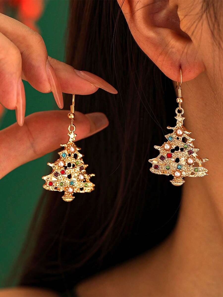 2pcs Minimalist Small Tree Earrings, Elegant Holiday Style With Pearl & Rhinestone, Unique Gift Suitable For Daily Wear, Holiday, Travel, Beach Outfit, Perfect Gift For Her, Wife Or Friend, Christmas, Valentine's Day, Mother's Day, New Year Jewelry | Graceful Accessory