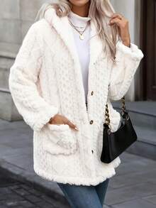 Áo khoác dài màu trơn, họa tiết kim cương, có cúc cài phía trước và túi, kiểu dáng mùa đông, có mũ trùm đầu, giả lông thú, dành cho nữ, màu trắng. - trắng - Xem 4