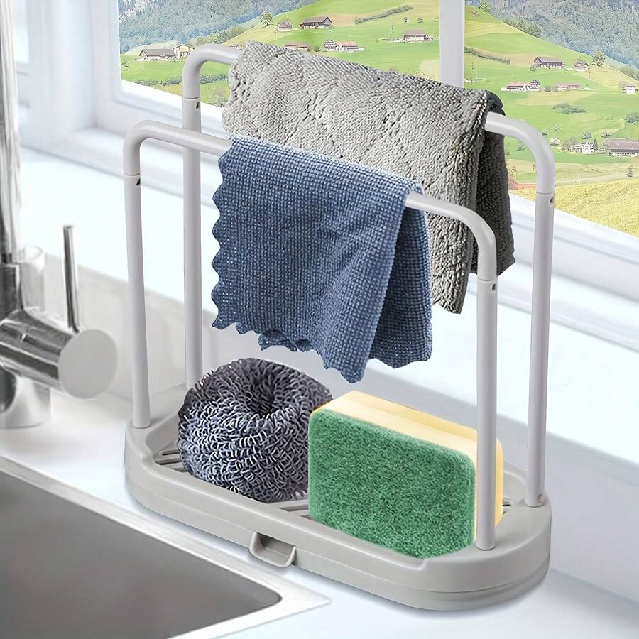 Space-Saving White Plastic Kitchen Sink Organizer - Multifunctional Towel And Sponge Tray With Drain Rack, Suitable For Stalls, Food Carts, Cafes, And Home Use, Sink Sponge Holder