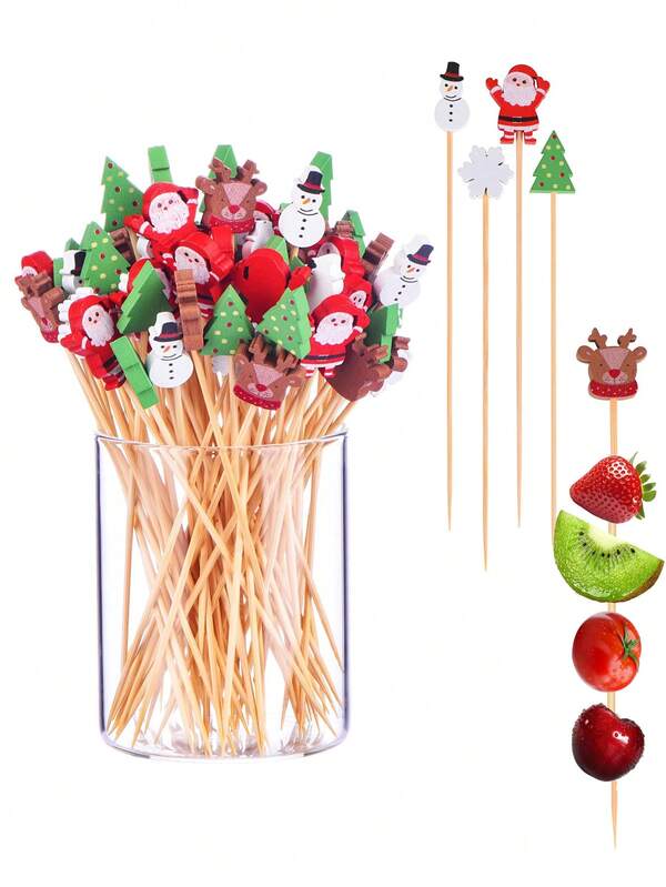 100 pezzi/set di bastoncini di bambù natalizi, motivi di albero di Natale, pupazzo di neve, calza di Natale, lunghezza 4,7 pollici, bambù naturale, adatto per feste di Natale e Capodanno, torte, dessert, frutta, decorazioni natalizie per la casa