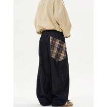 2025 Patchwork Denim Pants | Curved Hem Design Men's Trousers | Plaid Pattern Relaxed Fit