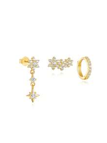 3Pcs Asymmetric Zirconia 925 Sterling Silver Single Earring For Women Ins Style Piercing Hoop Earring Suitable For Wedding Bridal Jewelry - Gold - View 4