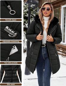 Women's Winter Windproof Fur Warm Slim Fit Down Jacket - Long Ski Coat For Commuting - 黑色 - 查看 4