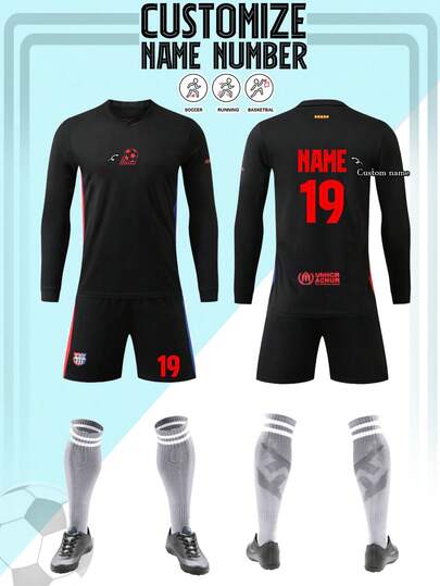 2 piezas Camiseta de fútbol de manga larga personalizada para hombres, Camiseta de fútbol de manga larga personalizada, Conjunto deportivo de otoño para hombres, Conjunto deportivo, Conjunto de running para hombres, Conjunto de verano para hombres, Conjunto de camisetas para hombres, Camiseta de fútbol, Camiseta de fútbol personalizada, Camiseta de fútbol con impresión de número, Adecuado para uso diario, Fútbol, Bádminton, Baloncesto, Ciclismo