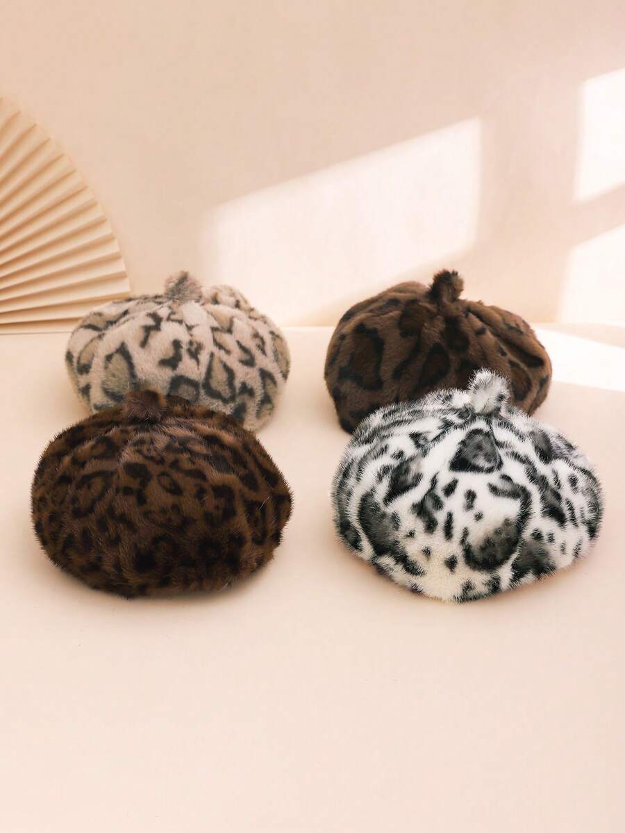 1pc Women's Colorblock Leopard Print Faux Fur Warm Beret Hat, Retro Fashionable European Style, Hatless, Suitable For Daily, Casual, And Dating In Autumn/Winter