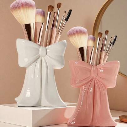 1pc Cute Bow-Shaped Makeup Storage Box - Desktop Brush And Office Supplies Organizer, Elegant Makeup Brush Holder Design, Ideal For Girls, Students And Women As Creative Decor (Please Refer To Size Chart When Purchasing)