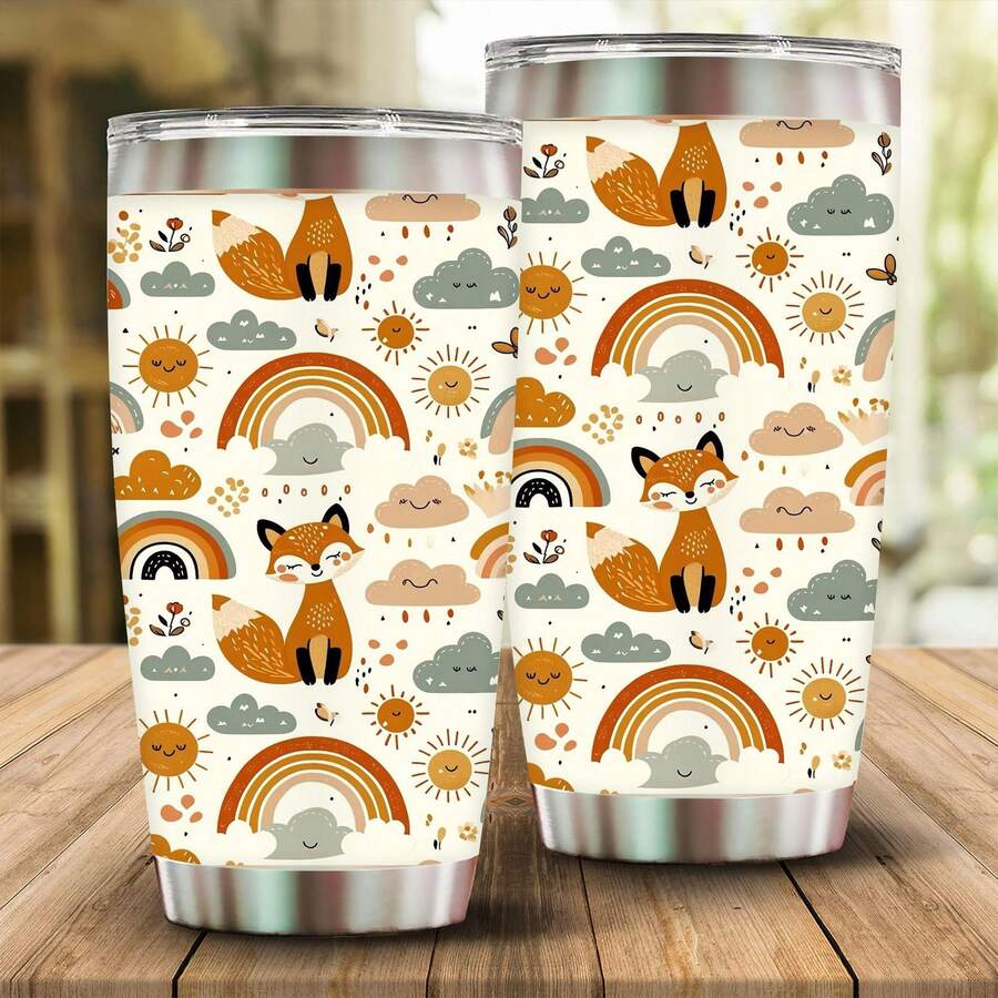 1pc 12oz/20oz Cute Fox And Rainbow Pattern Tumbler With Lid And Straw, Insulated Travel Mug For Fall, Gift For Women Men, Ideal For Halloween, Memorial, Christmas, Birthday Gift, Iced/Hot Coffee Cup - 20LK - 查看 1