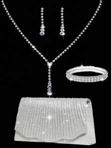 Rhinestone Jewelry Bling Necklace Earrings Bracelets Set For Luxury Envelope Clutch Bag For Party, Romantic Wedding, Spring/Summer Chain Shoulder Bag, Bride Bag, Formal Prom Clutch, Elegant Evening Dress Bag - Silver - View 2
