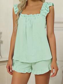 Womens 2 Piece Pajamas Set Cute Sleeveless Ruffle Tank Tops + Shorts Set Lounge Clothes - Màu xanh Bạc hà - Xem 5