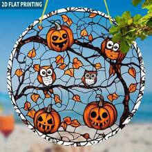 2D Flat, 1pc Halloween Pumpkin Owl Suncatcher - 19.99x19.99cm Round Acrylic Sign, Bohemian Style Painted Glass Window Hanging Decor, 3D Visual Effect, Spooky Autumn Design With Pumpkin, Owl And Leaves - No Power Needed, Suitable For Home, Party, Fall Gifts And Halloween Decoration, Halloween Home Decor, Holiday Room Accent, Bohemian Style, Decorative Craft, 2D Flat