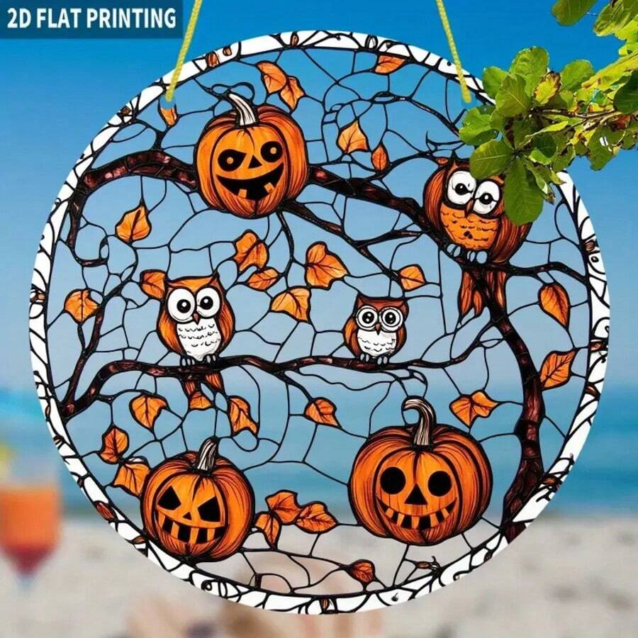 2D Flat, 1pc Halloween Pumpkin Owl Suncatcher - 19.99x19.99cm Round Acrylic Sign, Bohemian Style Painted Glass Window Hanging Decor, 3D Visual Effect, Spooky Autumn Design With Pumpkin, Owl And Leaves - No Power Needed, Suitable For Home, Party, Fall Gifts And Halloween Decoration, Halloween Home Decor, Holiday Room Accent, Bohemian Style, Decorative Craft, 2D Flat