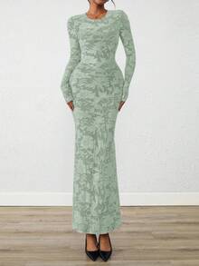 Women Elegant Floral Lace Long Sleeve Bodycon Maxi Dress Spring Fall Autumn Prom Wedding Guest Outfits - 淺綠色 - 查看 5
