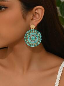 1 par de pendientes de disco tejidos a mano en verde vintage con borlas de cuentas de colores, estilo bohemio adecuado para uso diario por mujeres (hecho a mano, los colores y posiciones de las cuentas son aleatorios, es posible una ligera fricción entre las cuentas y los discos) - Verde - Ver 2