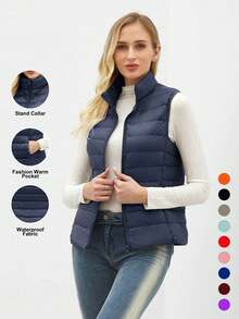 ZIAI Women's Stand Collar Lightweight Short Down Vest, Multiple Colors, Casual Outdoor Autumn/Winter - Navy Blue - View 2