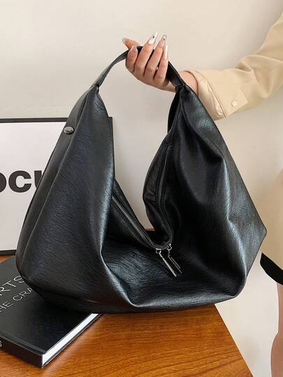 Large Retro Style Hobo Bag Large Capacity PU Tote Bag Women's Casual Shoulder Bag Armpit Bag With Zipper, Suitable For Shopping, Commuting, Work And School, Suitable For College Students, White-Collar Workers And Rookies