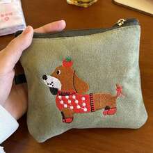 1 件可爱绒面腊肠犬形状小袋 - 耳机、口红、卫生巾、化妆包、便携式随身行李袋（不含骨头饰物）