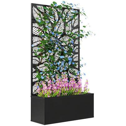  Outsunny Metal Garden Bed With Trellis, Wall Mounted Or Freestanding Raised Planter With Privacy Panel, Leaf Cut-Out Privacy Screen With Planter Box For Climbing Plants, Flowers, Vegetables