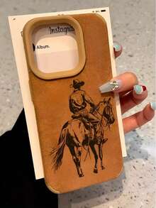 Black Pattern Of A Cowboy Riding A Horse,Imitation Leather Texture Phone Case Suitable For Compatible With Iphone16, 15, 14, 13, 12, 11, PRO MAX, As Well As X, XS, PLUS, - 彩色 - 查看 2