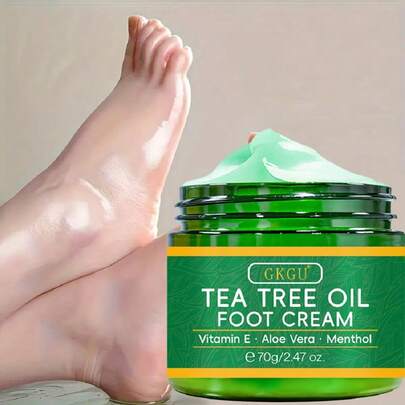GKGU Tea Tree Oil Foot Cream With Tea Tree Oil, Aloe Vera, Hyaluronic Acid & Honey - Intense Moisturizing For Dry, Cracked Feet - Alcohol-Free, Non-Greasy Formula - Deep Hydration For Winter, Rough Heels - Suitable For All Light Beige Types Including Sensitive - 2.47oz (70g), Natural Skincare, Alcoholfree Moisturizer, Winter Skincare