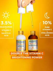 Garnier 卡尼尔亮白全效维生素 C 夜间精华，淡化黑斑，去除色素沉着，增强肌肤光泽，10% 纯维生素 C，均匀肤色，质地轻盈，易于吸收，增强抗氧化作用，亮白肌肤，夜间护肤，修复，适合所有肤质，是晚间护肤的理想选择