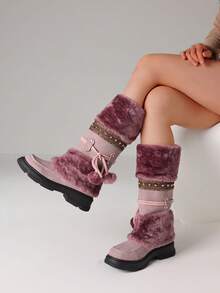 Women's Winter Furry Knee High Snow Boots Fashion Platform Chunky Heels Warm Faux Fur Lining Pull On Casual Comfy Boots Woman - 紫色 - 查看 2