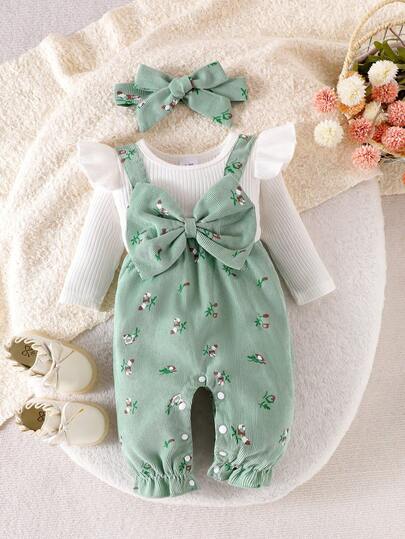 2pcs Baby Girl Ditsy Floral Jumpsuit With Bowknot Decor And Headband, Spring/Autumn