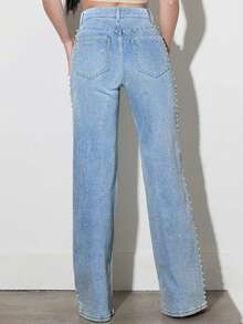 Women's High - Waisted Wide Leg Jeans, Vintage Washed Loose Denim Pants With Side Studs, Casual/Workwear - 淺色水洗藍 - 查看 7