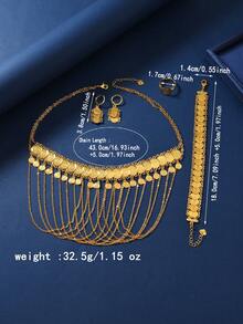 4 件中东沙特阿拉伯风格镀金铜币徽章元素流苏链女士婚礼首饰套装，1 条项链，1 条手链，1 对耳环，1 个戒指，适合日常佩戴、婚礼、派对和其他场合 - 金黃色 - 查看 4