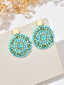 1 par de pendientes de disco tejidos a mano en verde vintage con borlas de cuentas de colores, estilo bohemio adecuado para uso diario por mujeres (hecho a mano, los colores y posiciones de las cuentas son aleatorios, es posible una ligera fricción entre las cuentas y los discos) - Verde - Ver 3