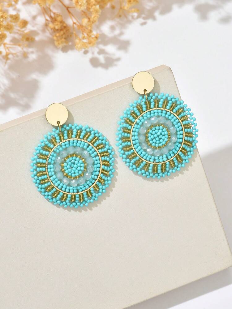 1 Pair Vintage Green Handmade Woven Disc Earrings With Colorful Beaded Tassels, Bohemian Style Suitable For Daily Wear By Women (Handmade, Bead Colors And Positions Are Random, Slight Friction Between Beads And Discs Is Possible) - Green - View 3