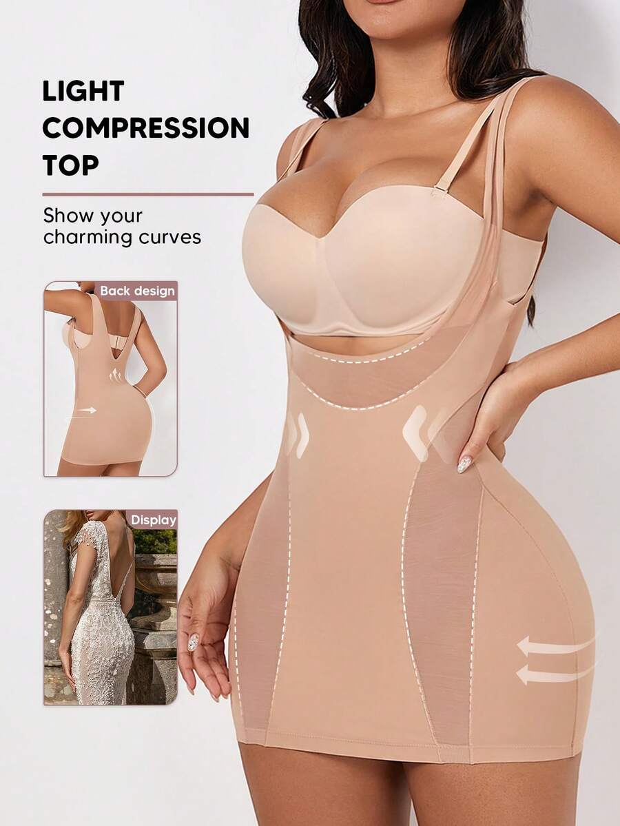Women's Open Bust Sculpting Chest Dress Support Body Shaper-Dress Mesh One Piece Full Slip Tummy Control Shapewear With Adjustable Strap