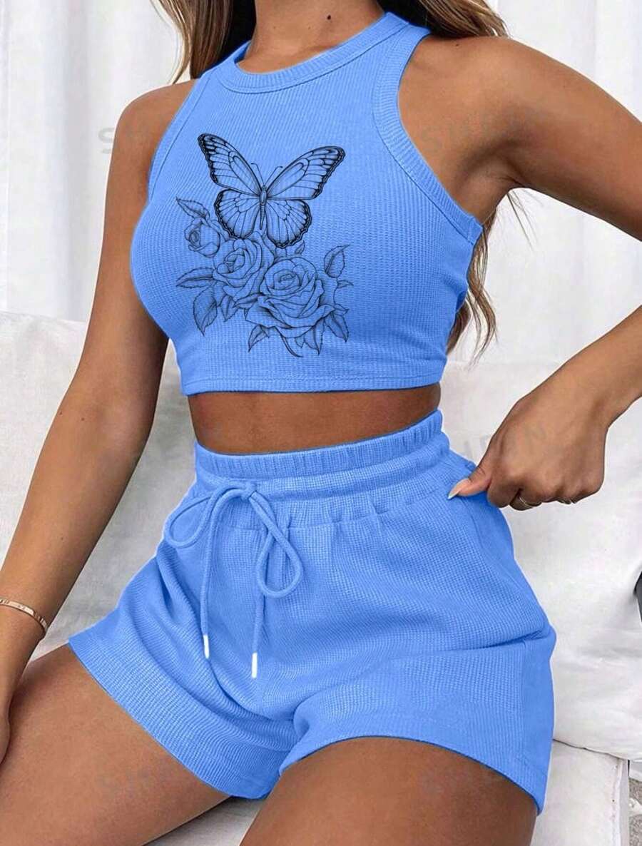 Women's Casual 3D Printed Ribbed Drawstring Set - Blue - View 1