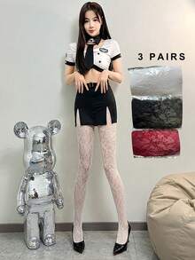 1pc New Vintage Sexy Stockings, Floral Jacquard White Pantyhose, Hollow Lace Net Stockings, Spring/Summer Tights