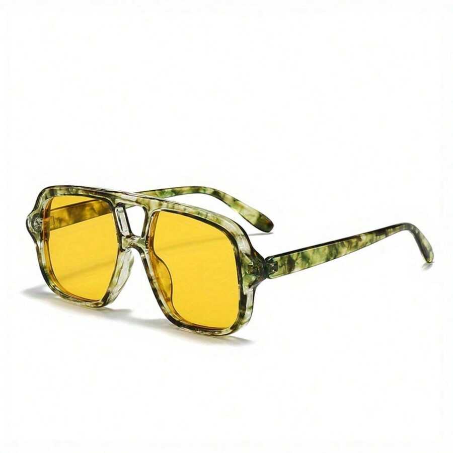 1 Pcs/Set, Fashionable Oversized Double-Bridge Sunglasses Multiple Colors Available Perfect For Daily Dates, Commuting, Street Style Outfits, Or As Gifts Includes Eyewear Case - xanh lá cây-vàng - Xem 1