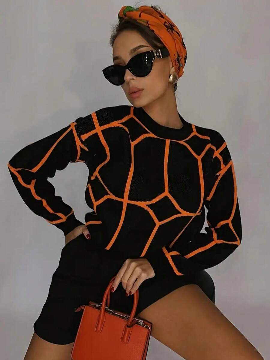 Plus Size Women Geometric Pattern Round Neck Drop Shoulder Long Sleeve Casual Pullover Sweater, Autumn/Winter