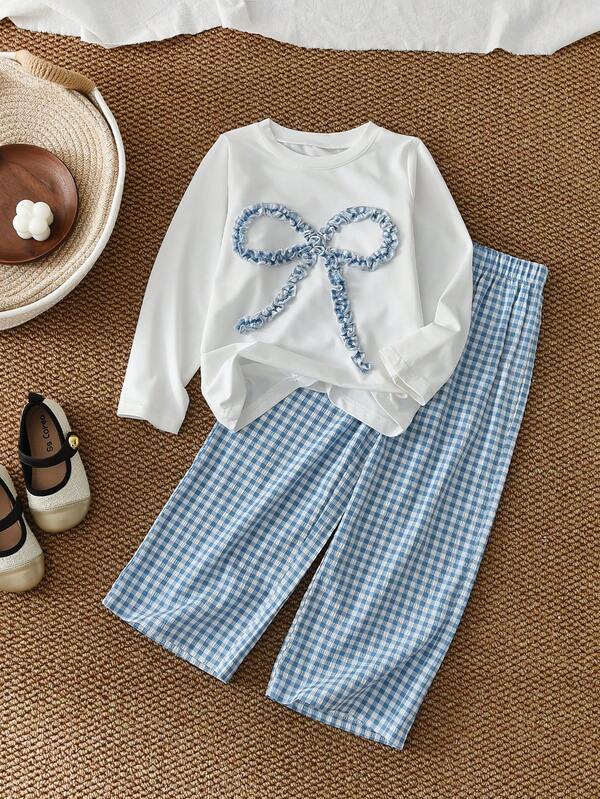 4 To 7 Years Young Girls Clothes Sets Fall Bow Long Sleeves T-Shirt Top And Plaid Casual Pants Two Pieces Suits For Kids Spring